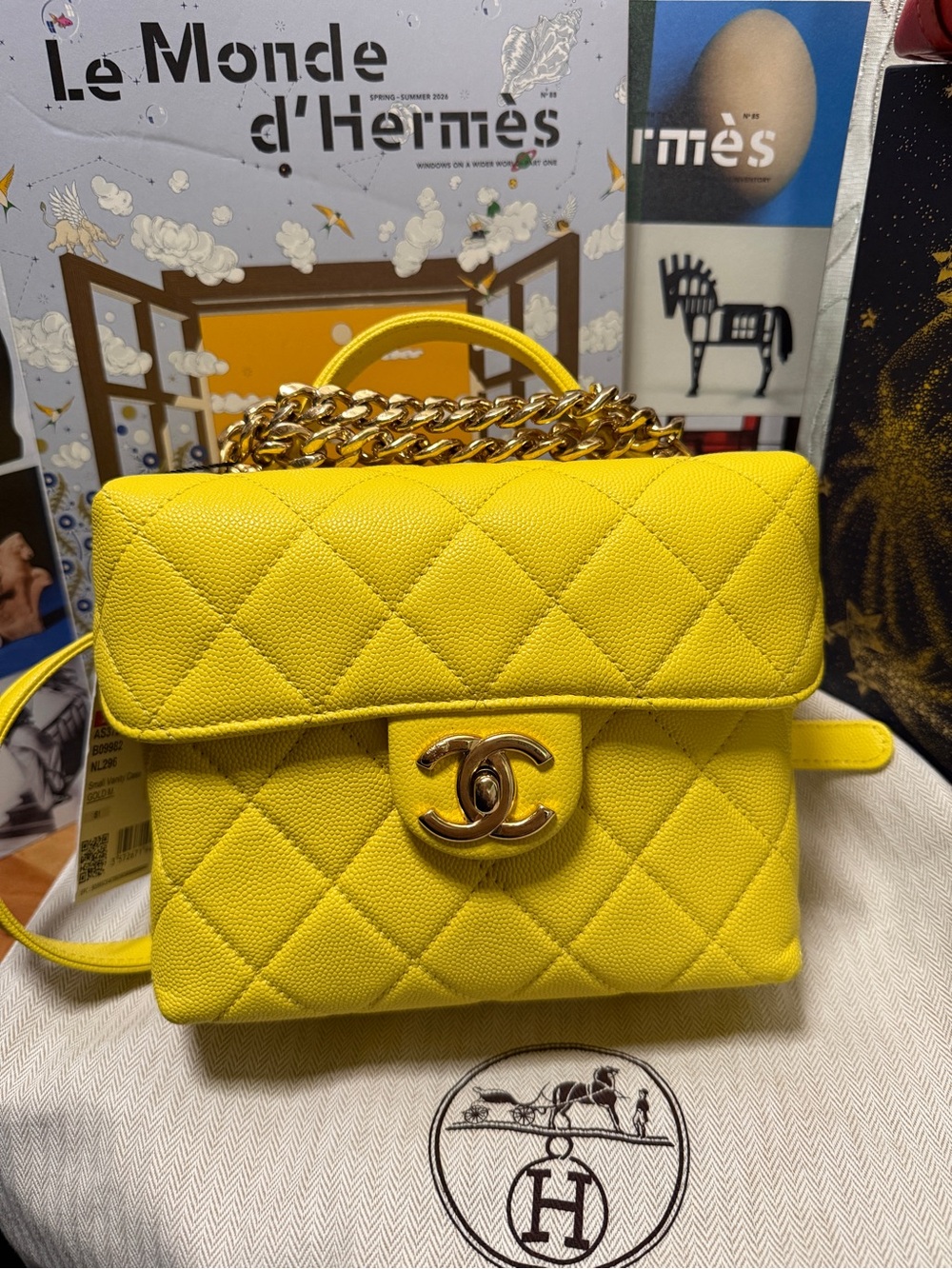 CHANEL Yellow Quilted Mini Top-Handle Bag with Gold Chain - Picture 2 of 3